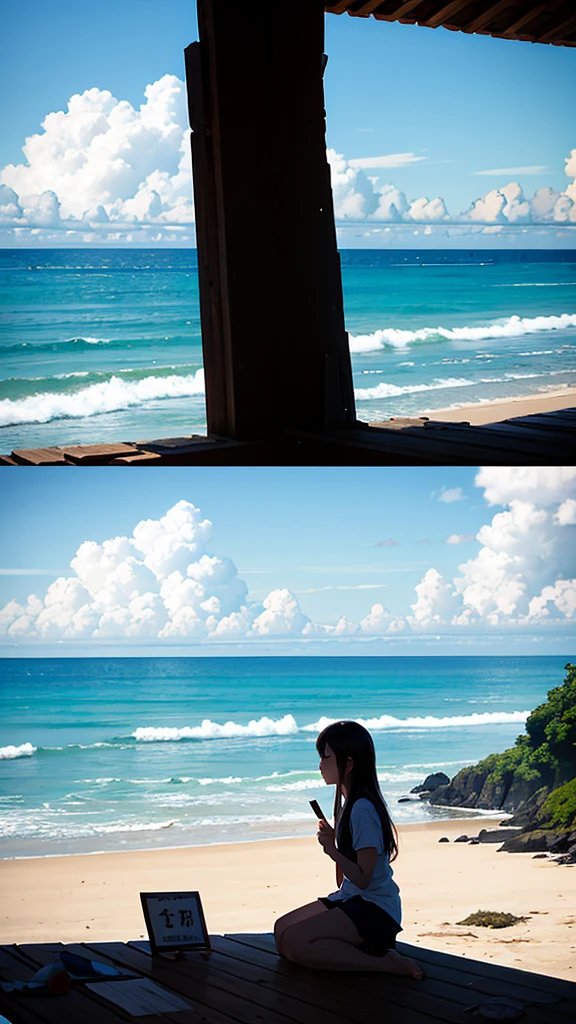 null, star, landscape, morningrynull, morning, girl, morning null, alone, Outdoor, sign, Ocean, cloud, morning日,morning焼け, Sitting, wood, Long Hair, Sandy Beach, silhouette, Ocean岸scape