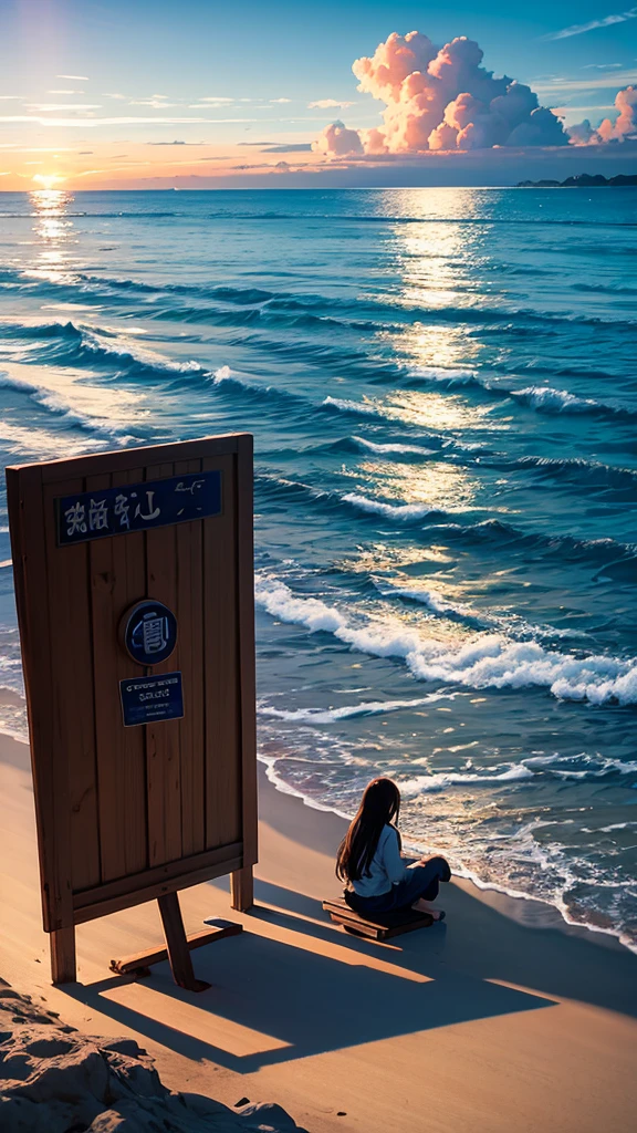 null, star, landscape, morningrynull, morning, girl, morning null, alone, Outdoor, sign, Ocean, cloud, morning日,morning焼け, Sitting, wood, Long Hair, Sandy Beach, silhouette, Ocean岸scape
