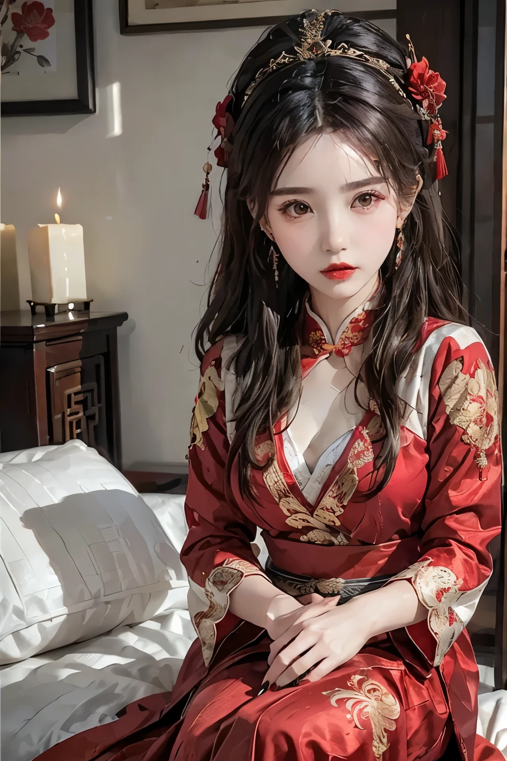 (Ultra-realistic 8K CG:1.2),perfect illustration,delicate pattern,intricate details, (An incomparable masterpiece,best quality:1.2),(extremely complicated:1.2),a woman in a Red and gold dress, phoenix crown,hair stick,(sitting on Red bed),cosmetics,blush,shy,Black color_hair, looking down, cosmetics,(Forehead dots),(2 Red candles), chinese_clothes, curtain, earring, white hair, hair_decoration, Hanfu, inside, bijouterie, Red nails, long_Sleeve, Red dress, Red lips, alcohol, (red blanket),(Red palace:1.2),(ancient Chinese architecture),(Red:1.8),night