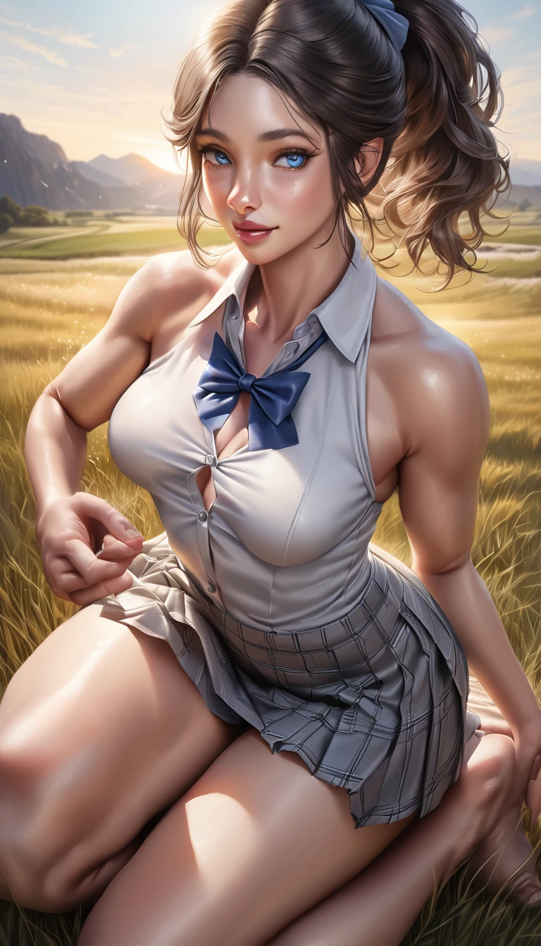 (masterpiece:1.3, top-quality, ultra high res, ultra detailed), (realistic, photorealistic:1.4), beautiful illustration, perfect lighting, natural lighting, colorful, depth of fields, , beautiful detailed hair, beautiful detailed face, beautiful detailed eyes, beautiful clavicle, beautiful body, beautiful chest, beautiful thigh, beautiful legs, beautiful fingers, shiny skin, looking at viewer, 1 girl, high school girl, (perfect anatomy, anatomically correct, super detailed skin), cute and symmetrical face, babyface, perfect face, perfect eyes, , (middle hair, ponytail, silver hair), crossed bangs, blue eyes, slant eyes, big eyes, long eye lasher, (medium breasts, seductive thighs), slender, skin dendation, detailed cloth texture, light blue collared shirt, blue bow tie, grey plaid pleated skirt:1.2, black hair chouchou, (beautiful scenery), summer, evening, (grassland:1.2), kneeling, (lovely smile, upper eyes, parted lips),