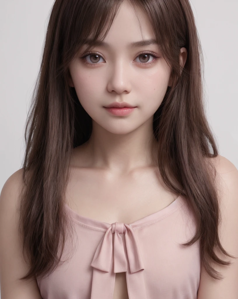 1girl, solo, portrait, simple background, dark theme, pink makeup, detailed eyes, (abs:1.1),, swept bangles, tassel, white background , transparent air,dark brown ash hair, blouse, pink cheeks, half-smile, extreme_close_up, 8k, best quality, ultra highres, japanese girl, brown eyes,cute face, brown dark eyes