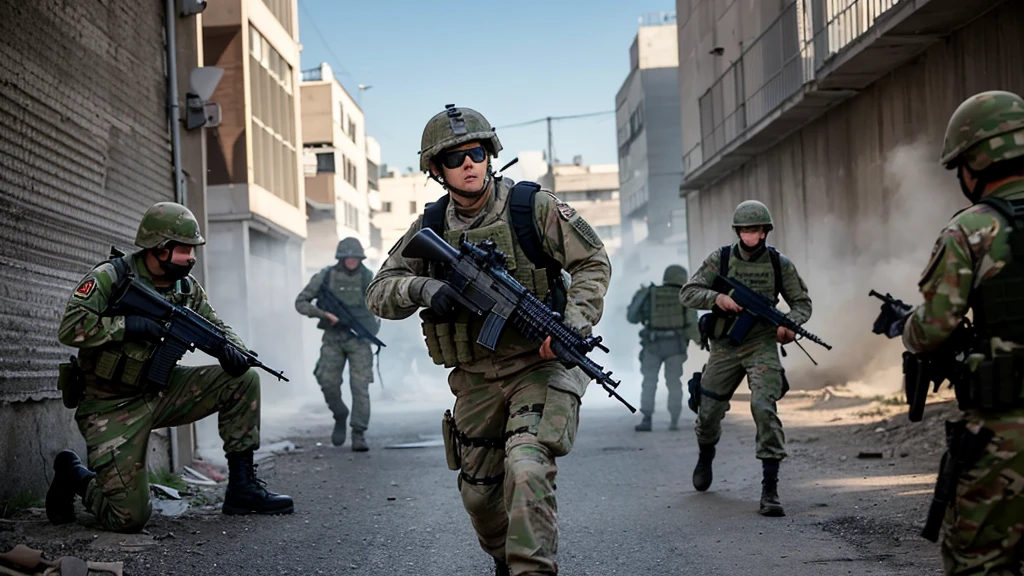 Create a high-resolution 4K image using a realistic engine that depicts a group of soldiers in an intense urban combat scenario, reminiscent of games like Call of Duty: Modern Warfare and Call of Duty: Black Ops. The scene should feature several soldiers equipped with modern military gear, including helmets, night vision goggles, tactical vests, and rifles. The soldiers should be dressed in camouflage uniforms suitable for urban warfare.
Position the soldiers as if they are moving cautiously through a war-torn urban area, with damaged concrete walls and rubble in the background. Some soldiers should be aiming their weapons forward, suggesting they are in the midst of a firefight or preparing for one. The body language and positioning should indicate coordination and training.
Ensure the visual quality is 4K ULTRA HD, with realistic textures and detailed character models. The lighting should be lifelike, with realistic shadows and highlights that add depth and a three-dimensional feel to the scene. Include subtle visual effects such as smoke and dust to enhance the chaotic and gritty atmosphere of the urban battlefield.