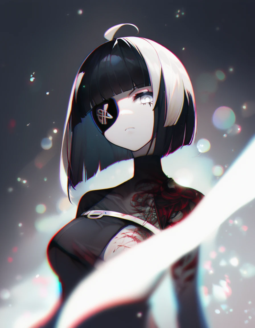 score_9, score_8, score_7_up, anime_source, anime, chromatic aberration, depth of field, bokeh, horror \(theme\), breasts, silver eyes, long black hair,blunt bangs, eyepatch, two-tone hair, simple background, evil, large ahoge, tattoo, dark aura, curse mark,