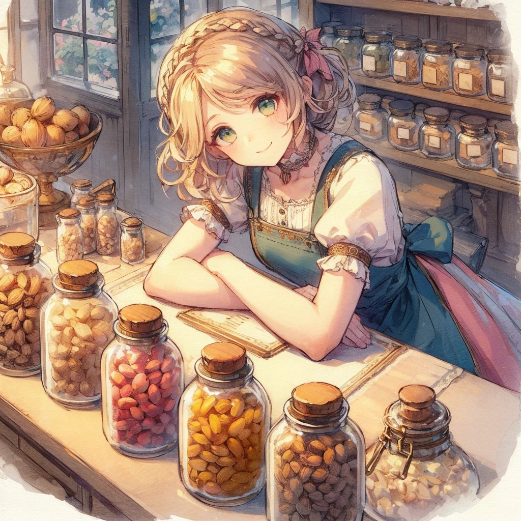 absurdres, best quality, fine detailed, 8k, 1girl, blonde hair, green eyes, A dark green apron dress, a white ruffled shirt, a smile, braided hair, a small pink ribbon, a wooden counter, a glass jar of nuts, a row of jars, a window