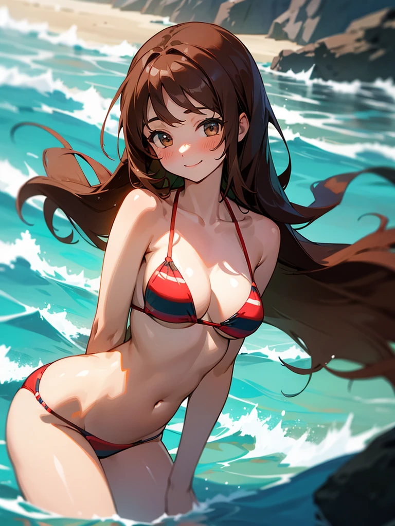 One girl, chest, Long Hair, Gaze, smile, Blushing, Brown Hair, Highest quality, bikini,Ocean