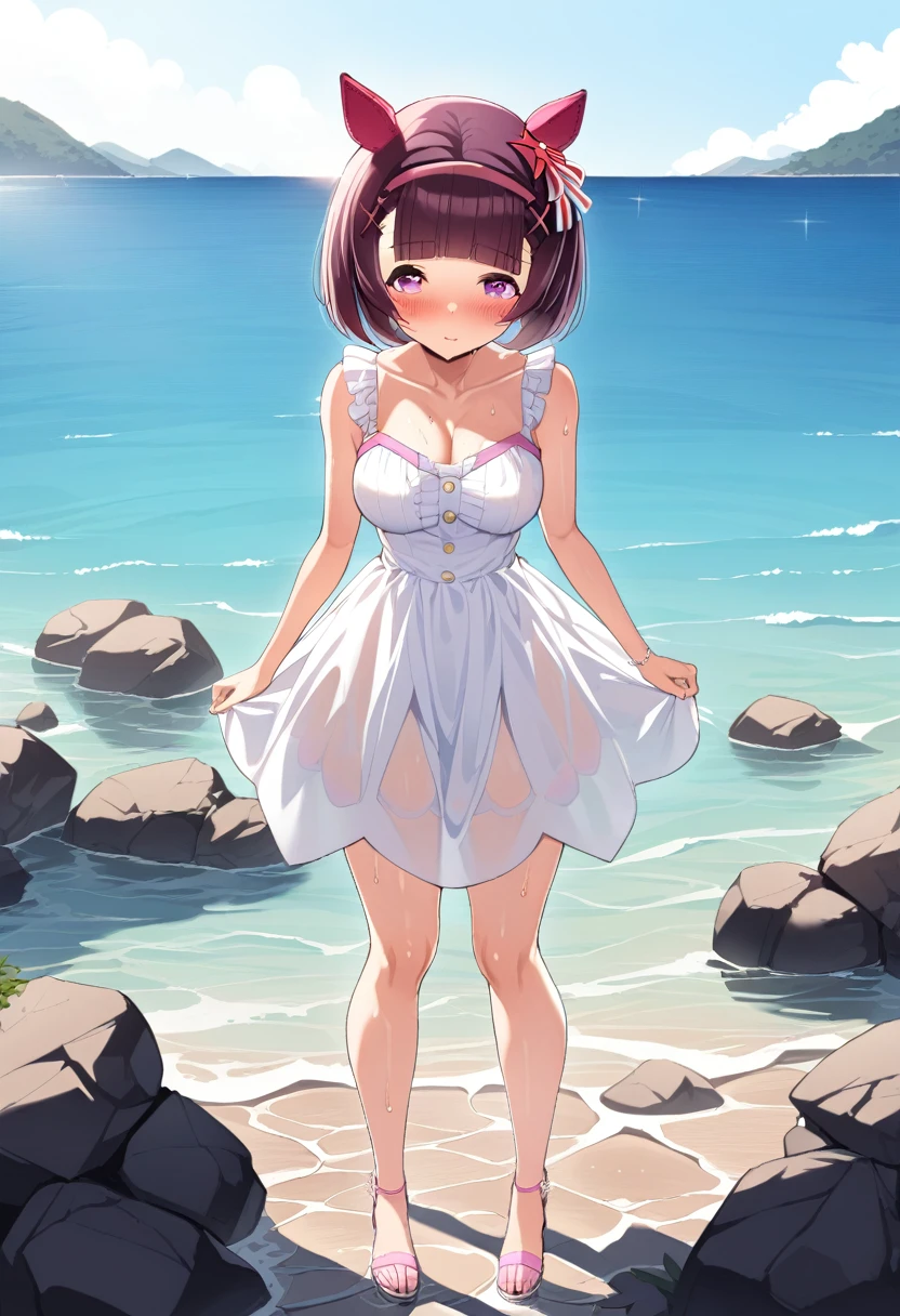 1 Girl,Nishino flower\(umamusume\),umamusume,shiny skin,sweat,blush,large breasts,sundress,white dress,see-through,standing,full-body,water,sea,straight-on,masterpiece,best quality,very aesthetic,mid,absurdres,