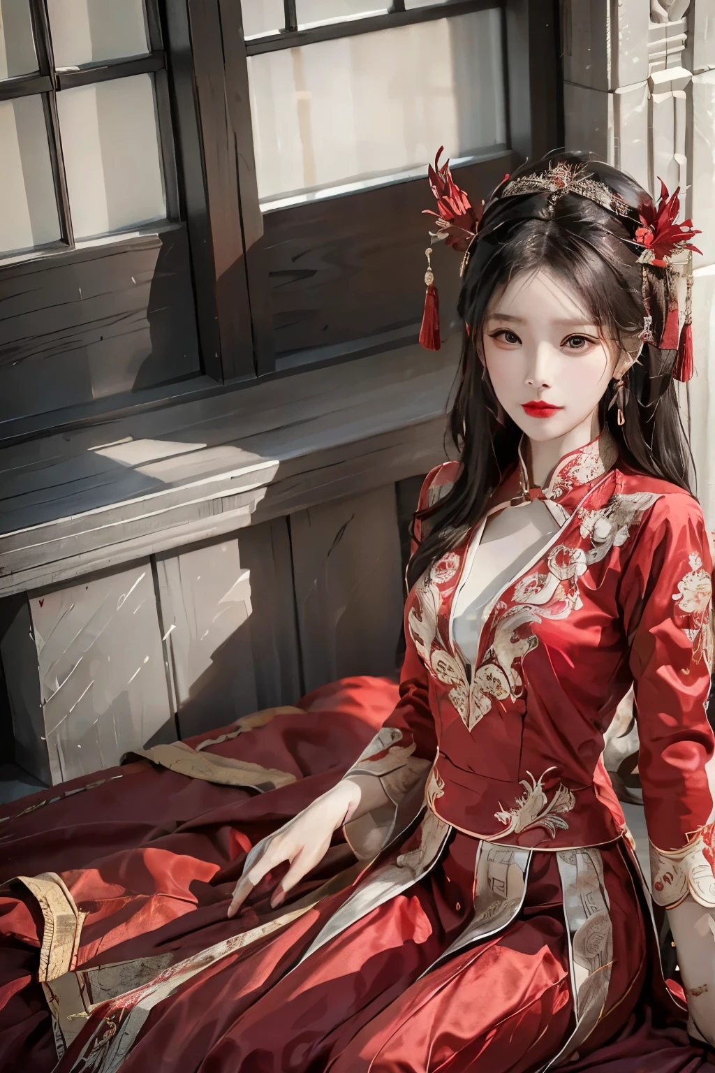 (Ultra-realistic 8K CG:1.2),perfect illustration,delicate pattern,intricate details, (An incomparable masterpiece,best quality:1.2),(extremely complicated:1.2),a woman in a Red and gold dress, phoenix crown,hair stick,(sitting on Red bed),cosmetics,blush,shy,Black color_hair, looking down, cosmetics,(Forehead dots),(2 Red candles), chinese_clothes, curtain, earring, white hair, hair_decoration, Hanfu, inside, bijouterie, Red nails, long_Sleeve, Red dress, Red lips, alcohol, (red blanket),(Red palace:1.2),(ancient Chinese architecture),(Red:1.8),night