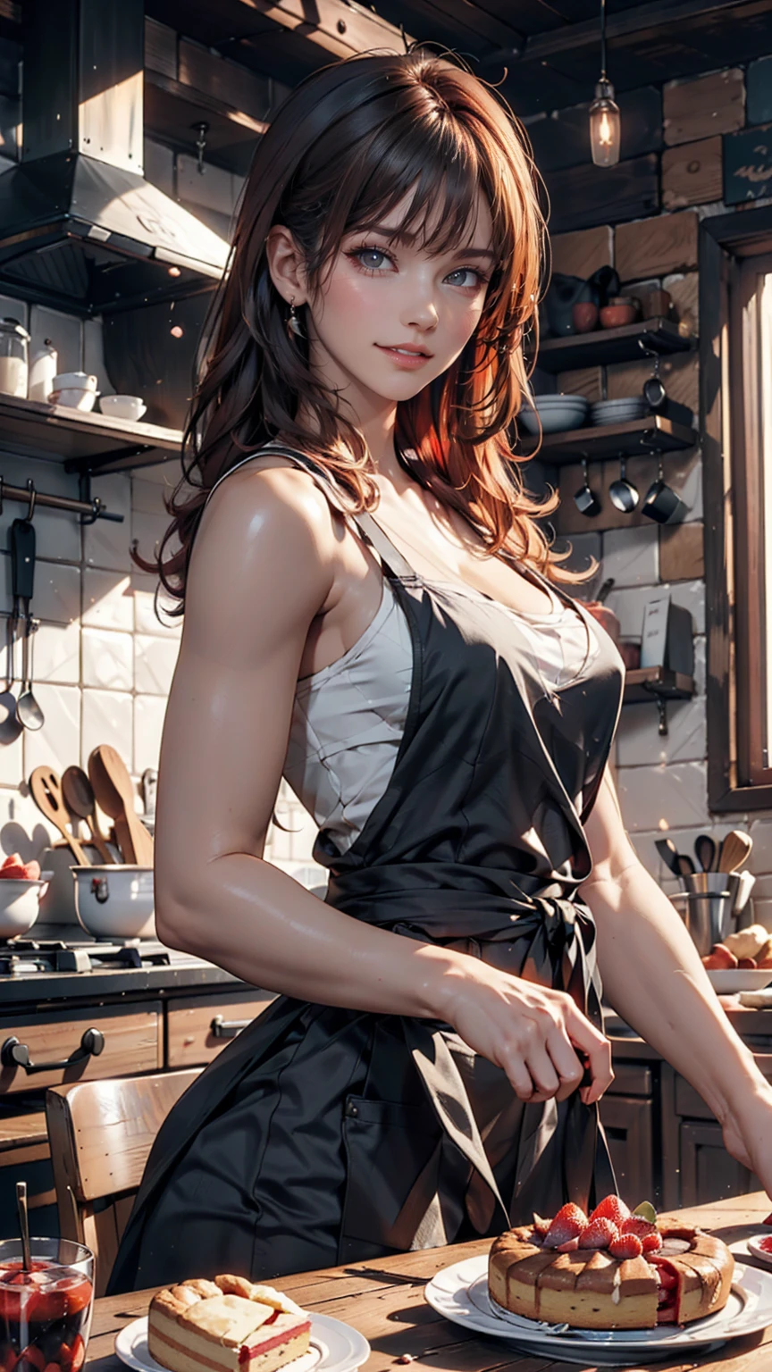 Woman with tattoos, (([red|black] hair)), long hair, wearing a black apron,  cooking, View the viewer, kitchen, Cakes and pies on the background,  indoor, (Calm tone:1.0), (High resolution:1.25), (Art Station:1.2), dramatic, (Intricate details:1.14), (Ultra-realistic 3D rendering:1.16), (Movie:0.55), (Rutkowski:1.1), (Faded:1.3)、24-year-old woman、Sexy proportionature female body、Sexy proportionakeup、Textured skin((textured skin))、smile、Narrow waist