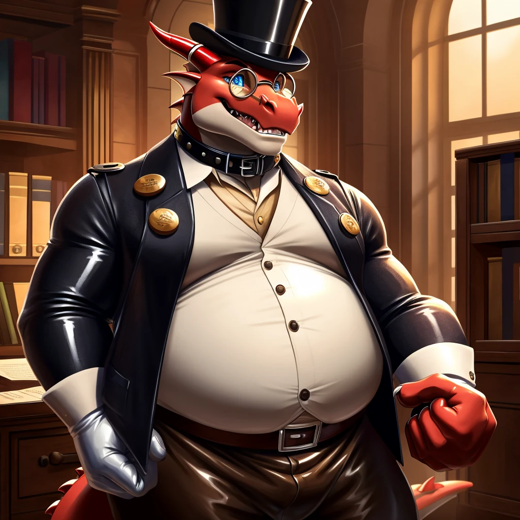 Solo, Male, fat, extremely obese, gentleman, dapper Professor Dragon, blue eyes, (posing:1.3), (soft shading), 4k, hi res, ((detailed face, detailed)), looking at viewer, mouth wide open, steampunk, dapper clothing, collared shirt with buttons, top hat, male focus, Explorer Outfit, glasses, monocle, vest with buttons, sleeves rolled up, round eyewear, brown headwear, brown vest, office, Dragon is wearing a glossy leather dog collar around the neck, Dragon is wearing the leather collar and shirt and vest at the same time, Dragon is wearing glossy white rubber gloves on the hands, wearing white rubber gloves on the feet, gloves are rubber in texture, clenching teeth, clenching fists, leather collar is glossy and shiny with a lot of detail, Dragon is wearing gloves and leather collar at the same time, leather collar has a round dog-tag, leather collar is thick and detailed, leather collar is glossy and shiny, fancy clothing, dapper vest, dapper shirt, leather collar is thick, glossy leather collar.