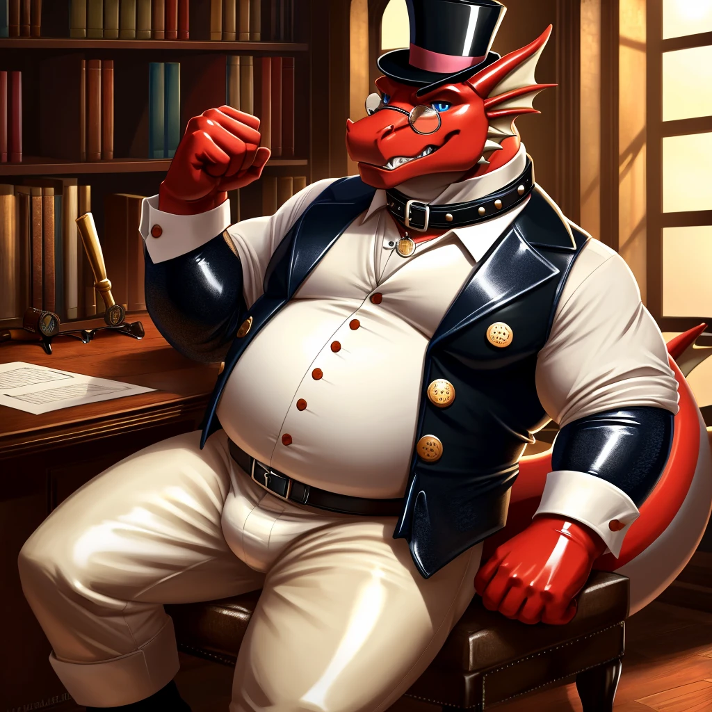 Solo, Male, fat, extremely obese, gentleman, dapper Professor Dragon, blue eyes, (posing:1.3), (soft shading), 4k, hi res, ((detailed face, detailed)), looking at viewer, mouth wide open, steampunk, dapper clothing, collared shirt with buttons, top hat, male focus, Explorer Outfit, glasses, monocle, vest with buttons, sleeves rolled up, round eyewear, brown headwear, brown vest, office, Dragon is wearing a glossy leather dog collar around the neck, Dragon is wearing the leather collar and shirt and vest at the same time, Dragon is wearing glossy white rubber gloves on the hands, wearing white rubber gloves on the feet, gloves are rubber in texture, clenching teeth, clenching fists, leather collar is glossy and shiny with a lot of detail, Dragon is wearing gloves and leather collar at the same time, leather collar has a round dog-tag, leather collar is thick and detailed, leather collar is glossy and shiny, fancy clothing, dapper vest, dapper shirt, leather collar is thick, glossy leather collar.