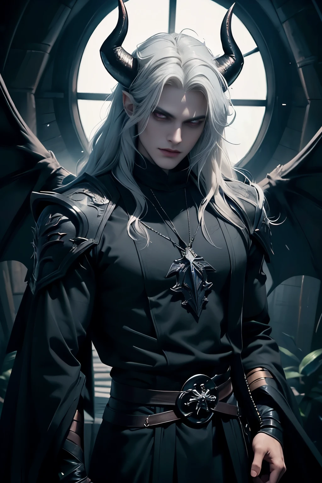 ((Best quality)), ((masterpiece)), 8k (detailed), ((perfect face)), perfect proporcions, ((halfbody)) he is a sorcerer, he is 30 years old, he dresses in a wizard's robe, gothic style, he has red eyes, he has long wavy white hair, he is in a witcher's hut, he is strong and muscular, he has the bare torso, he is a demon ((perfect face)) sexy male, gothic make up ((fullfbody)) white hair, he has demon wings, he has black horns, horns, demon, dominant, man face, ((perfect eyes)) 