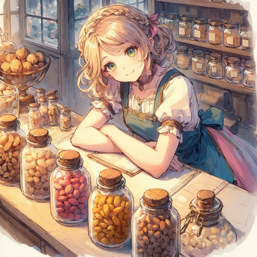absurdres, best quality, fine detailed, 8k, 1girl, blonde hair, green eyes, A dark green apron dress, a white ruffled shirt, a smile, braided hair, a small pink ribbon, a wooden counter, a glass jar of nuts, a row of jars, a window
