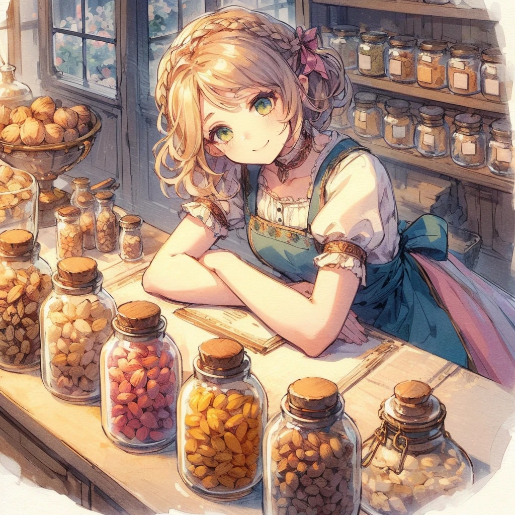 absurdres, best quality, fine detailed, 8k, 1girl, blonde hair, green eyes, A dark green apron dress, a white ruffled shirt, a smile, braided hair, a small pink ribbon, a wooden counter, a glass jar of nuts, a row of jars, a window