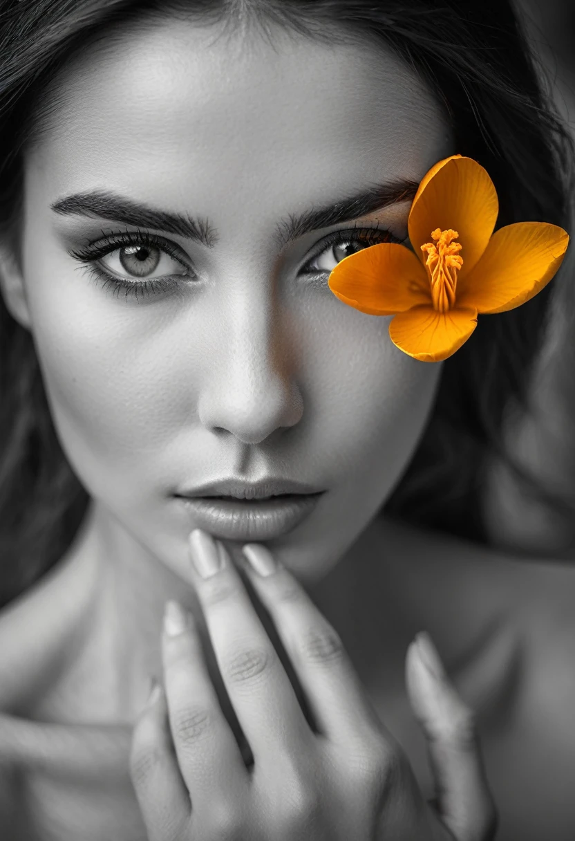 A black and white photo in raw format, zooming in on the intricate details of a woman's face, revealing her delicate skin and her expressive eyes. Frame the shot with a solitary striking colorful Saffron Crocus flower, delicately held in the woman's hand, adding a touch of softness and femininity to the composition, enhancing the dramatic contrast and textures of the monochrome image.