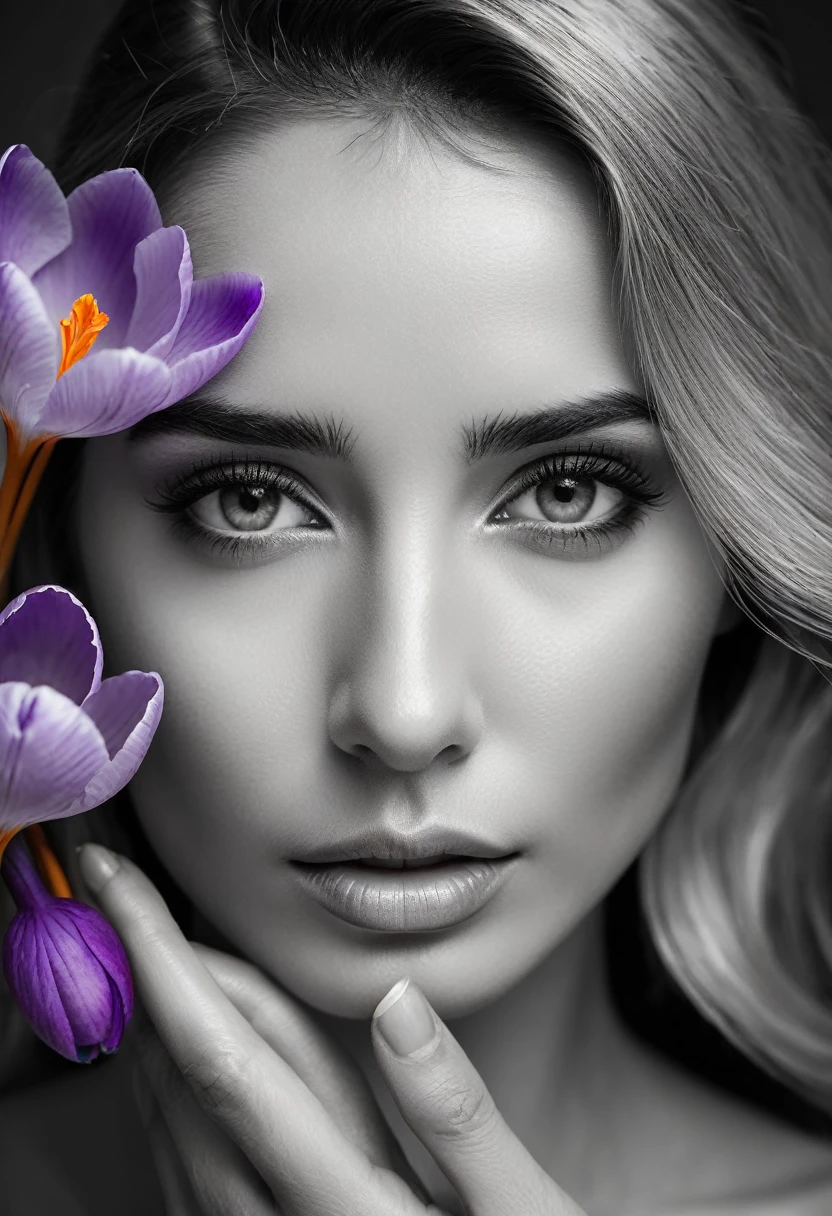 A black and white photo in raw format, zooming in on the intricate details of a woman's face, revealing her delicate skin and her expressive eyes. Frame the shot with a solitary striking colorful Saffron Crocus flower, delicately held in the woman's hand, adding a touch of softness and femininity to the composition, enhancing the dramatic contrast and textures of the monochrome image.