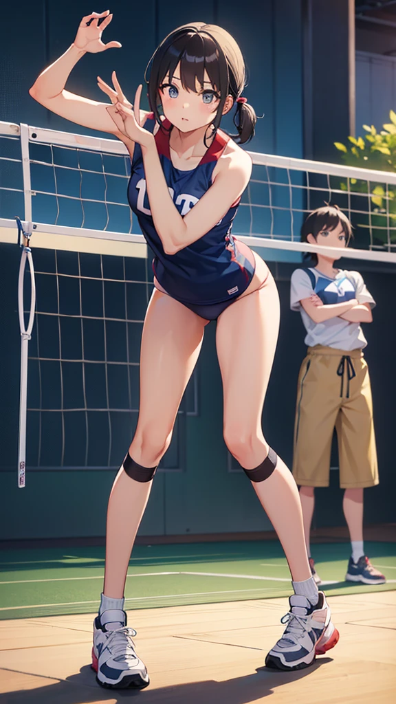 Girl with a volleyball、Leaning forward、Bend、whole body、Are standing、front、Put your hands on your knees