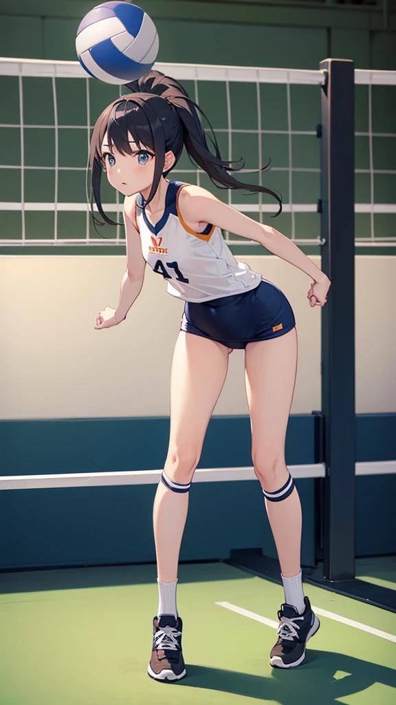Girl with a volleyball、Leaning forward、Bend、whole body、Are standing、front、Put your hands on your knees