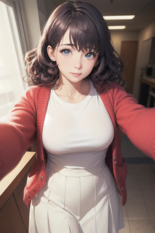 girl,Character design sheet,Beautiful attention to detail,Beautiful lip detail,Very detailed目と顔,Long eyelashes,Realistic,photoRealistic:1.37,Very detailed,Professional,Vibrant colors,Studio Lighting,Sharp focus,Physically Based Rendering,High resolution,超High resolution. blue eyes,Big eyes, Long Hair,Curly hair、Black Hair,Red cheeks,Droopy eyes,Average chest,Jacket,Red cardigan,White T-shirt,White long skirt,incoming, hugging