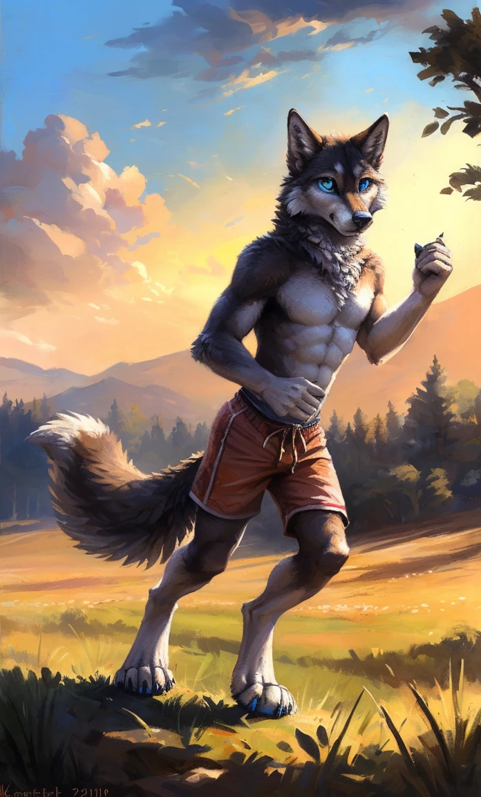 ((Solo)), male people, anthro wolf, (Multi-colored fur, White-brown:1.3,White tail pointed), (Height 2.1m,Tail length 1.2m), ((Wolf face, Big eyes, White eyelids, Blue pupil, Slim:1.2) (Tough, Calm expression:1.2)), Abs, Slim, pinging)), (Correct anatomy), (Work shorts:1.1), The upper body naked, (detailed outfits),A long big tail,Feet,(Realistic fur, Detailed fur texture, labeled:1.3)), (Natural lighting), Photorealistic, Hyperrealistic, ultradetailed, by Kenket,Field,erect through,Running on