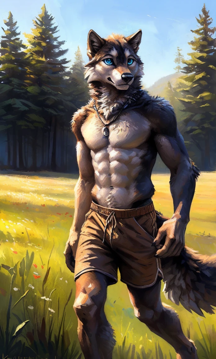 ((Solo)), male people, anthro wolf, (Multi-colored fur, White-brown:1.3,White tail pointed), (Height 2.1m,Tail length 1.2m), ((Wolf face, Big eyes, White eyelids, Blue pupil, Slim:1.2) (Tough, Calm expression:1.2)), Abs, Slim, pinging)), (Correct anatomy), (Work shorts:1.1), The upper body , (detailed outfits),A long big tail,Feet,(Realistic fur, Detailed fur texture, labeled:1.3)), (Natural lighting), Photorealistic, Hyperrealistic, ultradetailed, by Kenket,Field,erectugh,Running on