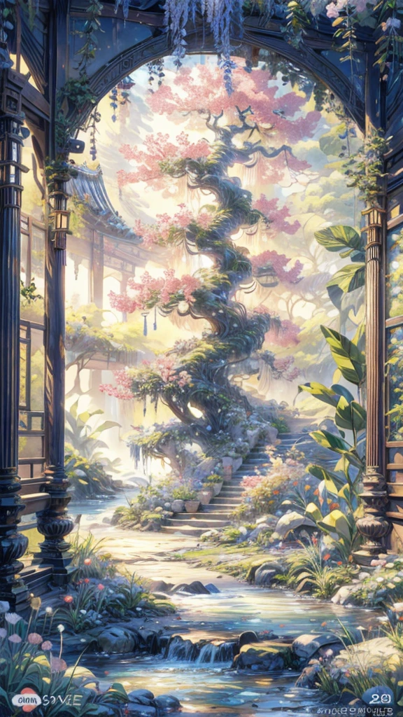 Garden painting with waterfalls and bridges, floral environment, Anime landscape concept art, Anime background art, Magical environment, arte de fundo, landscape artwork, fantasy magical vegetation, fantasy painterly style, whimsical fantasy landscape art, in bloom greenhouse, Beautiful environment, dreamy and detailed, very detailed digital painting, art nouveau jungle environment, the grand temple of flowers,Chinese style elements,an osmanthus tree,