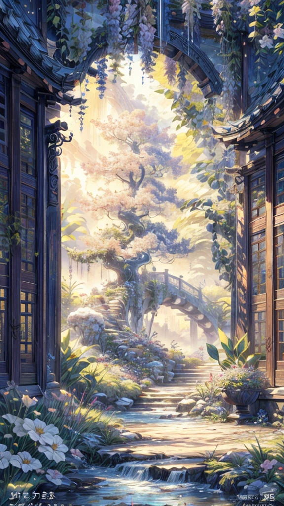 Garden painting with waterfalls and bridges, floral environment, Anime landscape concept art, Anime background art, Magical environment, arte de fundo, landscape artwork, fantasy magical vegetation, fantasy painterly style, whimsical fantasy landscape art, in bloom greenhouse, Beautiful environment, dreamy and detailed, very detailed digital painting, art nouveau jungle environment, the grand temple of flowers,Chinese style elements,an osmanthus tree,