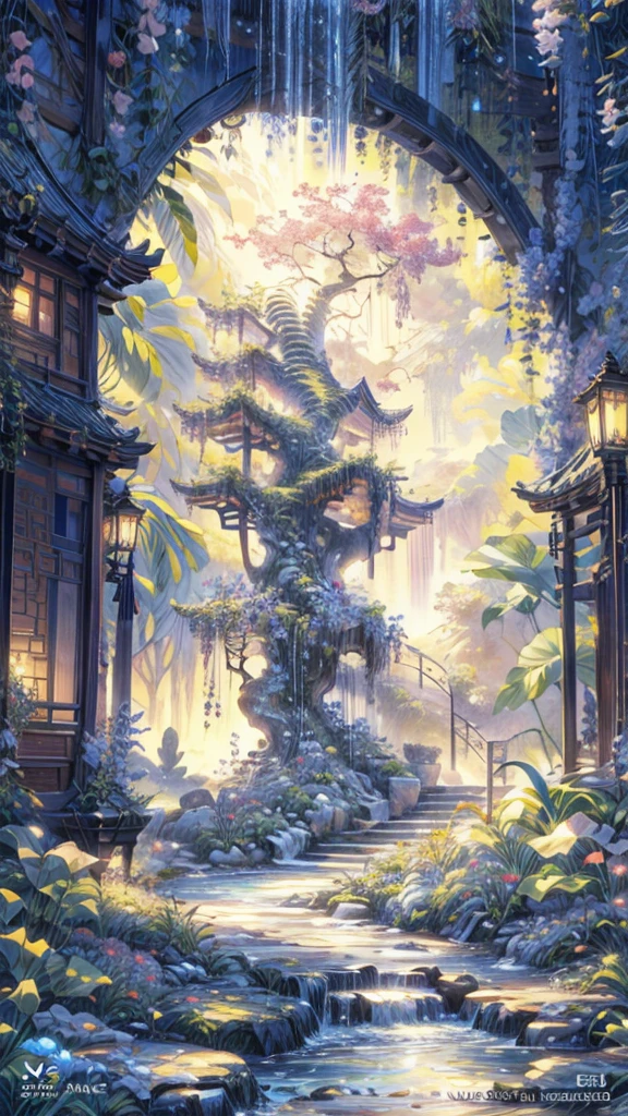 Garden painting with waterfalls and bridges, floral environment, Anime landscape concept art, Anime background art, Magical environment, arte de fundo, landscape artwork, fantasy magical vegetation, fantasy painterly style, whimsical fantasy landscape art, in bloom greenhouse, Beautiful environment, dreamy and detailed, very detailed digital painting, art nouveau jungle environment, the grand temple of flowers，Chinese style elements，an osmanthus tree，