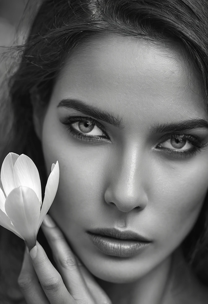 A black and white photo in raw format, zooming in on the intricate details of a woman's face, revealing her delicate skin and her expressive eyes. Frame the shot with a solitary striking colorful Saffron Crocus flower, delicately held in the woman's hand, adding a touch of softness and femininity to the composition, enhancing the dramatic contrast and textures of the monochrome image.