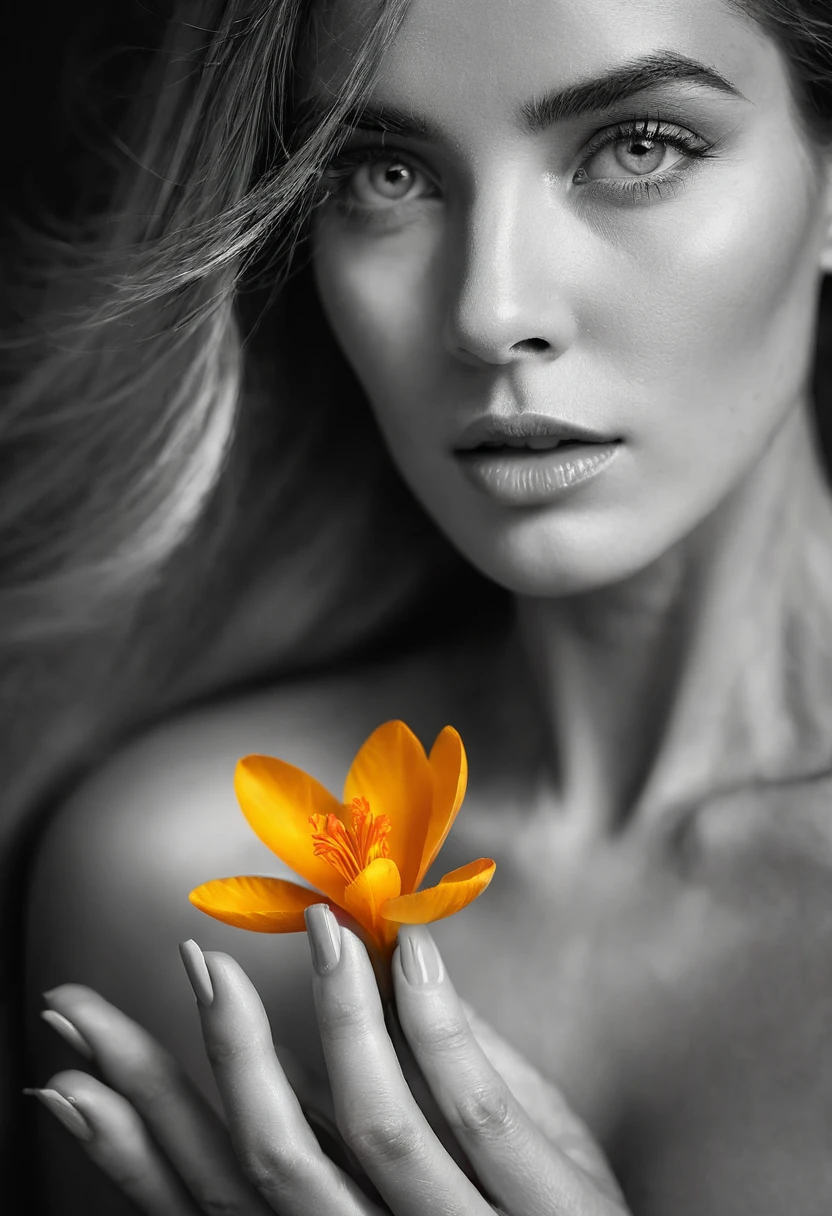 A black and white photo in raw format, zooming in on the intricate details of a woman's face, revealing her delicate skin and her expressive eyes. Frame the shot with a solitary striking colorful Saffron Crocus flower, delicately held in the woman's hand, adding a touch of softness and femininity to the composition, enhancing the dramatic contrast and textures of the monochrome image.