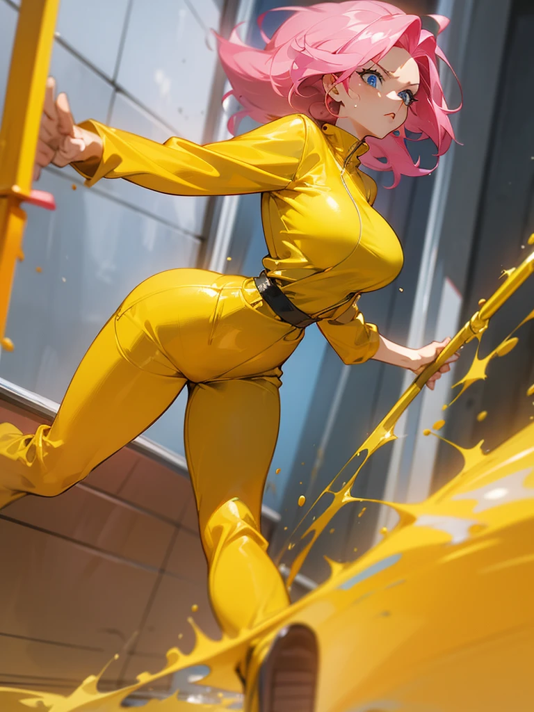 a mature woman , hero pose, big pink hair, shining blue eyes, wearing a mustard yellow jumpsuit. hero pose, big breasts35 years old, running away from an old squeegee, looking at the camera