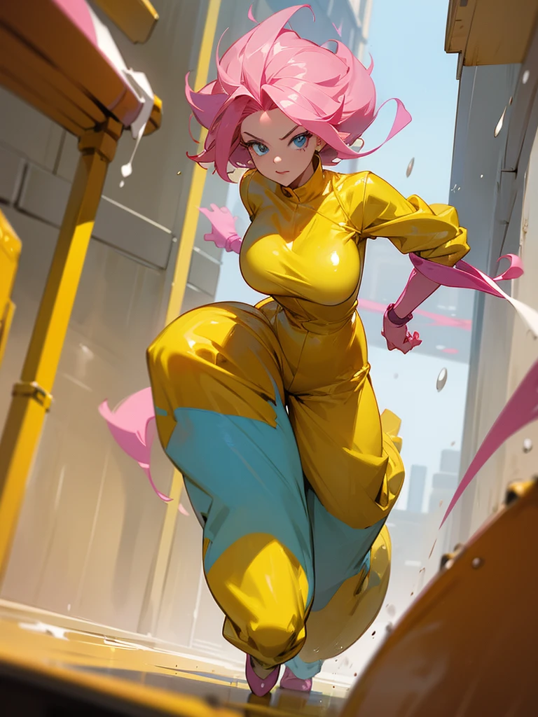 a mature woman , hero pose, big pink hair, shining blue eyes, wearing a mustard yellow jumpsuit. hero pose, big breasts35 years old, running away from an old squeegee, looking at the camera