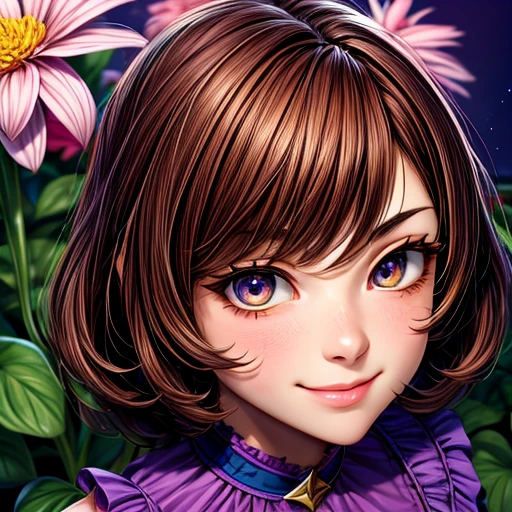 1girl, cutegirl, mature female, adult women, standing in a gigantic flower garden, oversized objects, gigantic flowers, {{{dark brown hair}}}, {{{Golden eyes}}}, {{purple dress}} purple clothes, small smile, {best quality.}, {highres masterpiece.}, 16k {{{medium close up}}}, {facing viewer}