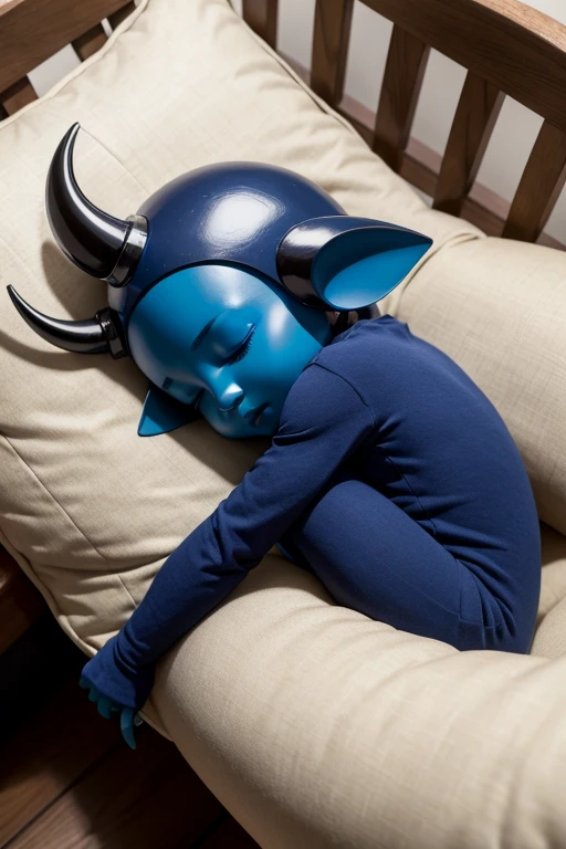 Humanoid creature, small horns, extra arms, sleeping, hugging the pillow