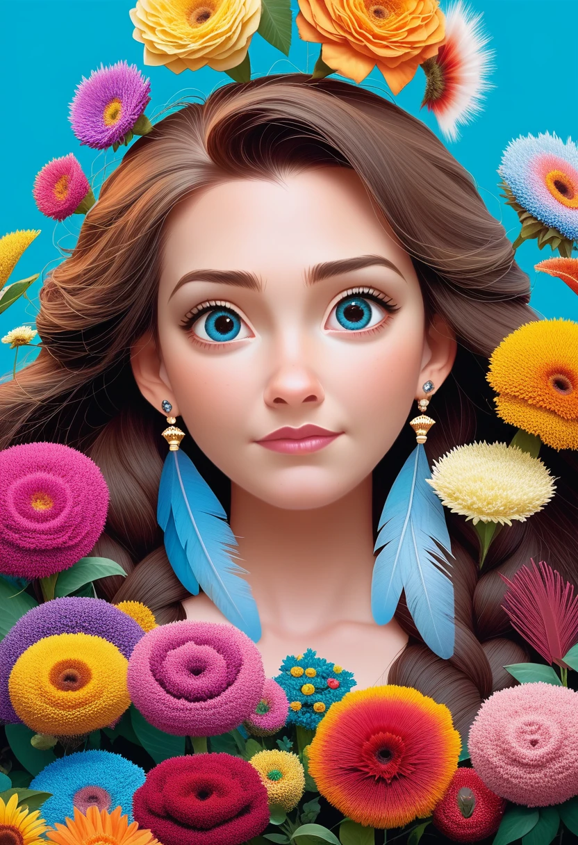 (Official Art, beautiful and aesthetic:1.2), (1 Girl:1.3),(Fractal Art:1.1),(rich and colorful:1.1)(Flowers:1.3),The most detailed,(tangled:1.2), whole body, (Blue Background:1.3), (Glowing skin), (Many colors:1.4), ,(earrings), (feather:1.5),
