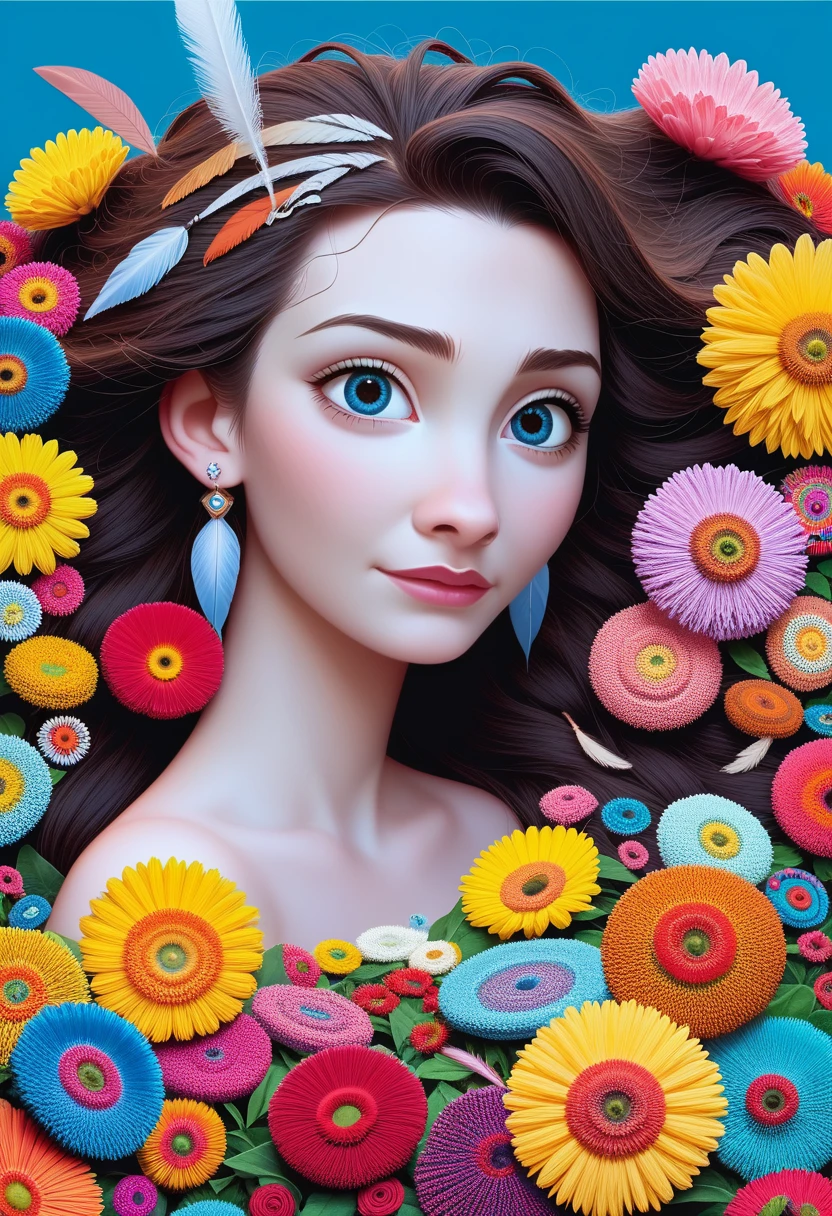 (Official Art, beautiful and aesthetic:1.2), (1 Girl:1.3),(Fractal Art:1.1),(rich and colorful:1.1)(Flowers:1.3),The most detailed,(tangled:1.2), whole body, (Blue Background:1.3), (Glowing skin), (Many colors:1.4), ,(earrings), (feather:1.5),