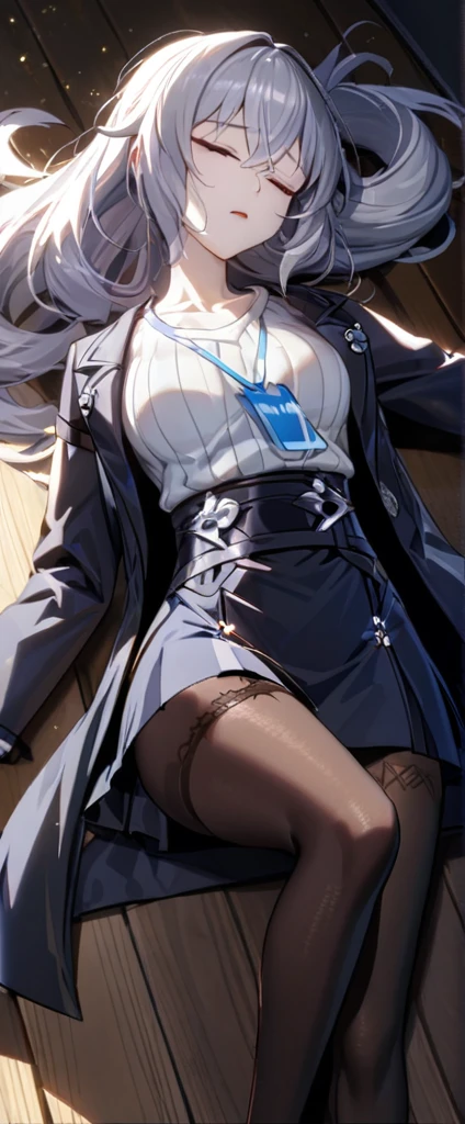 Dramatic composition, gorgeous, maximalism, delicate portrayal of hair, cinematic light, extreme detail, high definition, light particles, (closed eyes:1.3), dead, death, (expressionless:1.4), (teeth:0.9) (lying:1.2) (lying on the back:1.2), wooden floor, bronya-OL2, suit jacket, thighband pantyhose, gloves, id card, high heels, high-waist skirt, ribbed sweater, (open mouth:1.1)