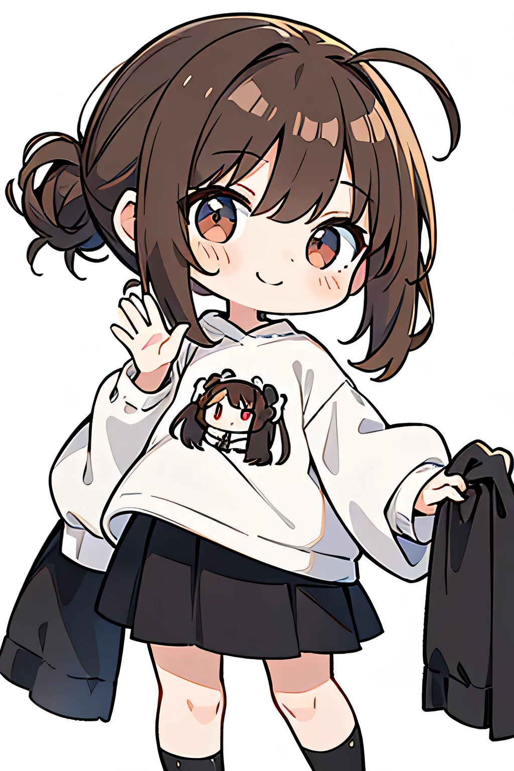 masterpiece, best quality, detailed, ((( 1 girl ))), ( light brown hair ) , ( single chignon hairstyle:1.3 ), ( the bangs are even:1.3 ), ahoge , small breasts , ( oversized white sweatshirts on tight black inner:1.3 ) , short length black skirts , big gray sneaker , white ankle socks , slender style, ( facing the front ) , ( smile ), ((( chibi character ))), upper body , ( from front:1.3 ) , deep red big eye , ( simple white background:1.3 ) , ( waving hand:1.2 )