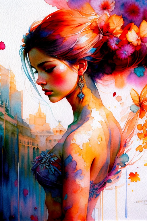 wtrcolor style, digital art, , masterpiece, beautiful, ((watercolor)), paint splatter, intricate detail. Great detail,A russian beauty On the embankment of Moscow 