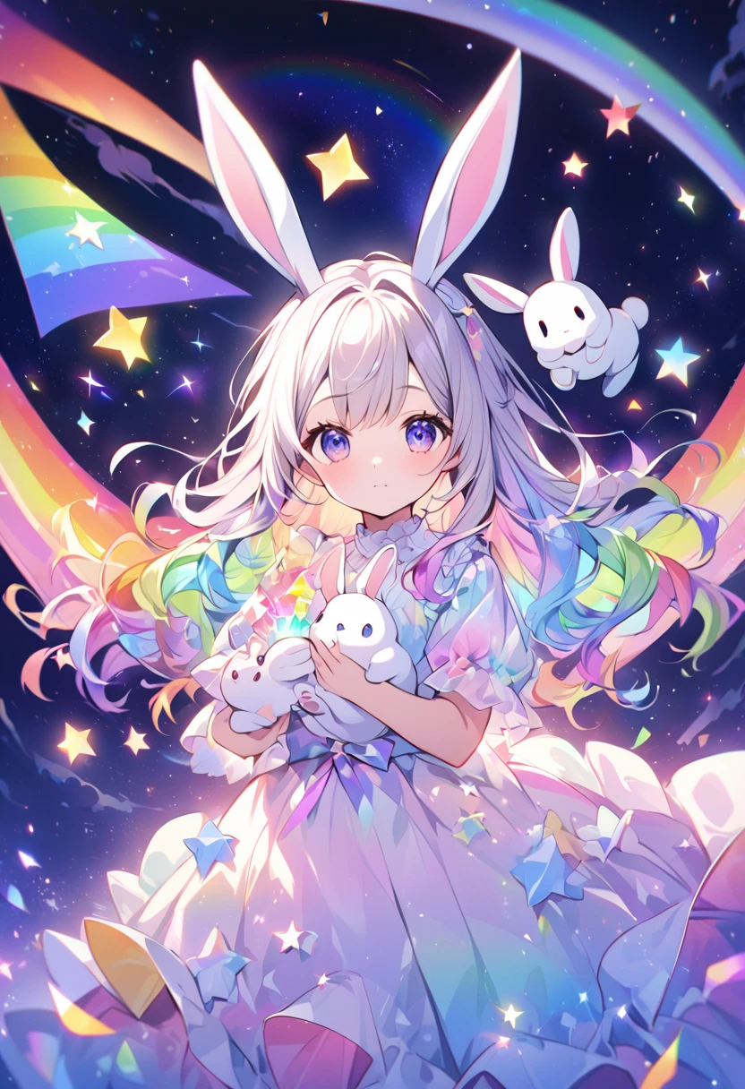 "Create an illustration of a mysterious character holding a white rabbit, She has light-colored hair with ribbons that look like rabbit ears... Letters glow, A rainbow-colored blouse that reflects a variety of colors. The background must be a celestial object, The starry sky transforms into a vibrant rainbow spectrum, Creates a mysterious and magical atmosphere."