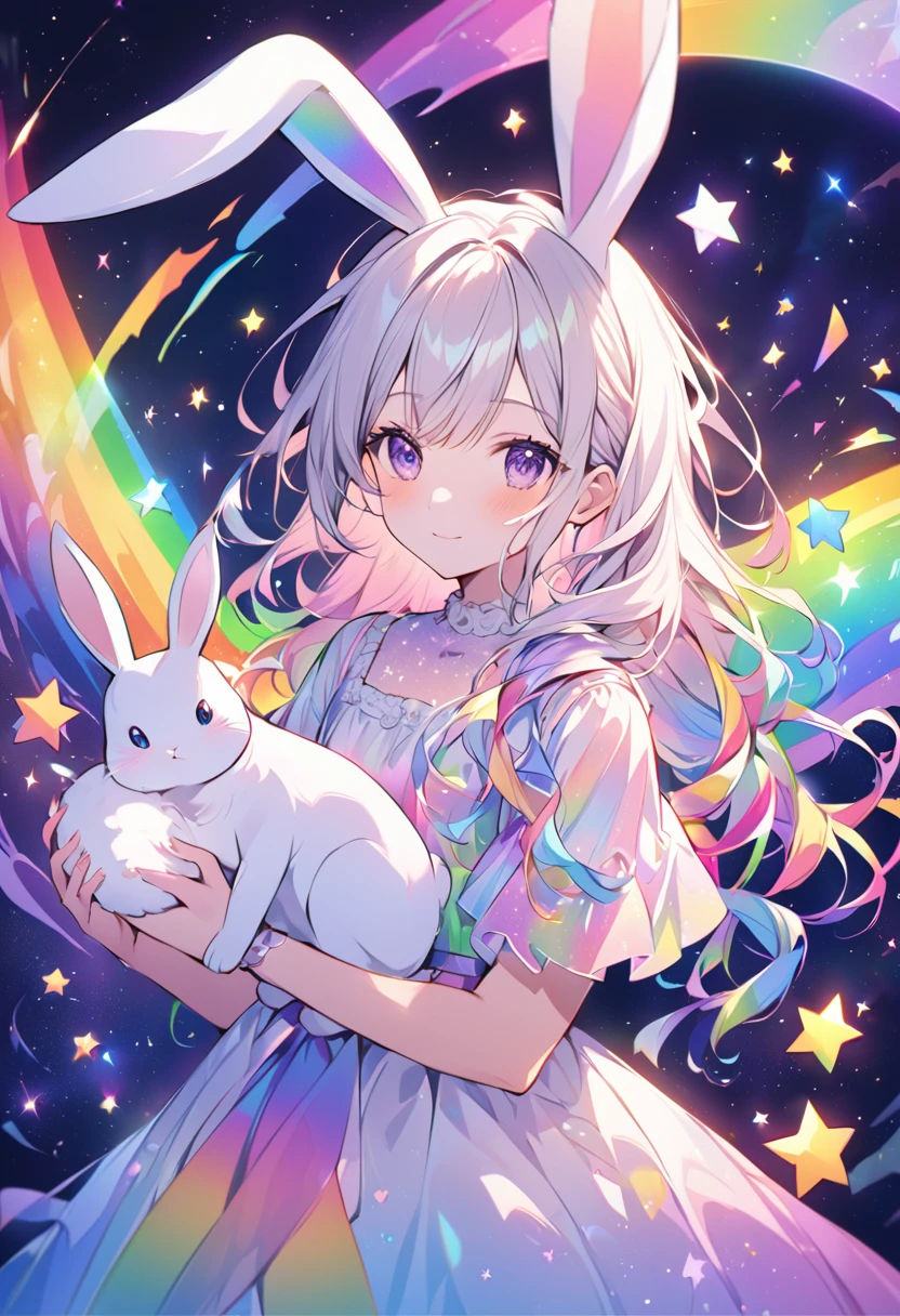 "Create an illustration of a mysterious character holding a white rabbit, She has light-colored hair with ribbons that look like rabbit ears... Letters glow, A rainbow-colored blouse that reflects a variety of colors. The background must be a celestial object, The starry sky transforms into a vibrant rainbow spectrum, Creates a mysterious and magical atmosphere."
