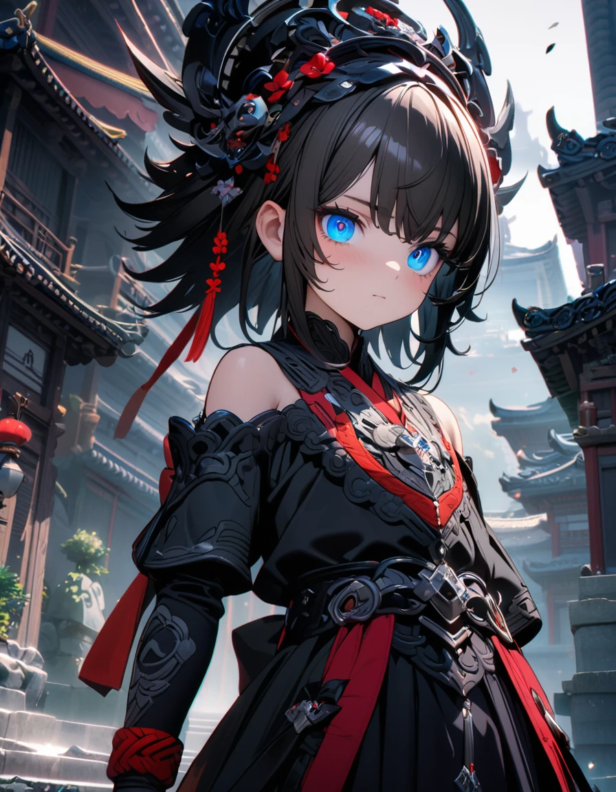 (8k, best quality, master piece: 1.2),hyper detailed game cg, (highres:1.1),(absurdres:1.1), 1girl, 独奏,10yo,独奏,ultra-detailed face,detailed eyes,tilt one's head,black hair,long hair,blunt bangs,Short sleeve frilled blouse,Red suspender skirt,Strap shoes,full body,standing,plant,moss,33 meters above ground,outdoors construction site,overhead shot