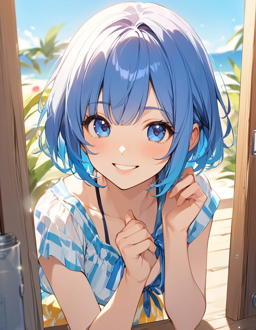 (Top quality illustrations:1.2), (pretty girl:1.1), (1 girl、17 years old、Top quality illustrations:1.2), (1 girl、smile、Medium chest、Kind eyes)、Bright blue hair、Short Bob Hair、Summer fashion、smile