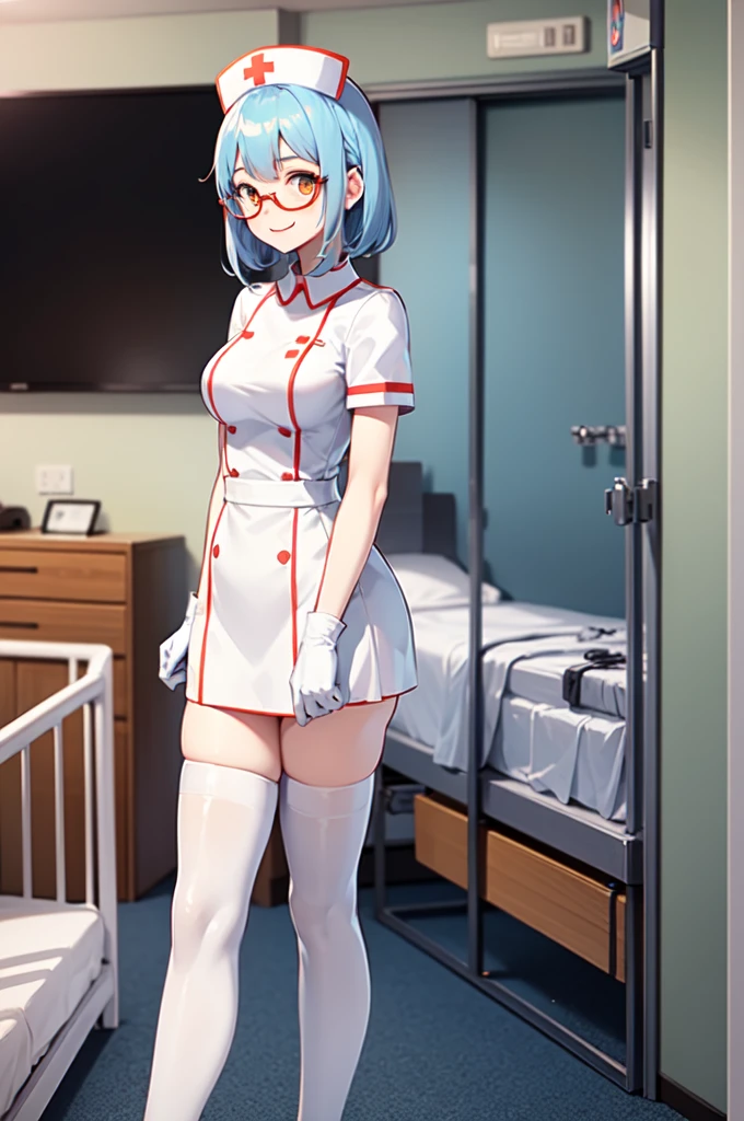 1girl, solo, nurse, nurse cap, white nurse uniform, ((white legwear, zettai ryouiki)), white gloves, glasses, blue hair, orange eyes, smile, standing, ((hospital room)), sharp outline, short sleeves, best quality, masterpiece