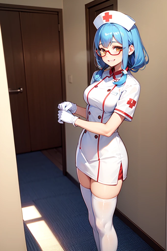 1girl, solo, nurse, nurse cap, white nurse uniform, ((white legwear, zettai ryouiki)), white gloves, glasses, blue hair, orange eyes, smile, standing, ((hospital room)), sharp outline, short sleeves, best quality, masterpiece