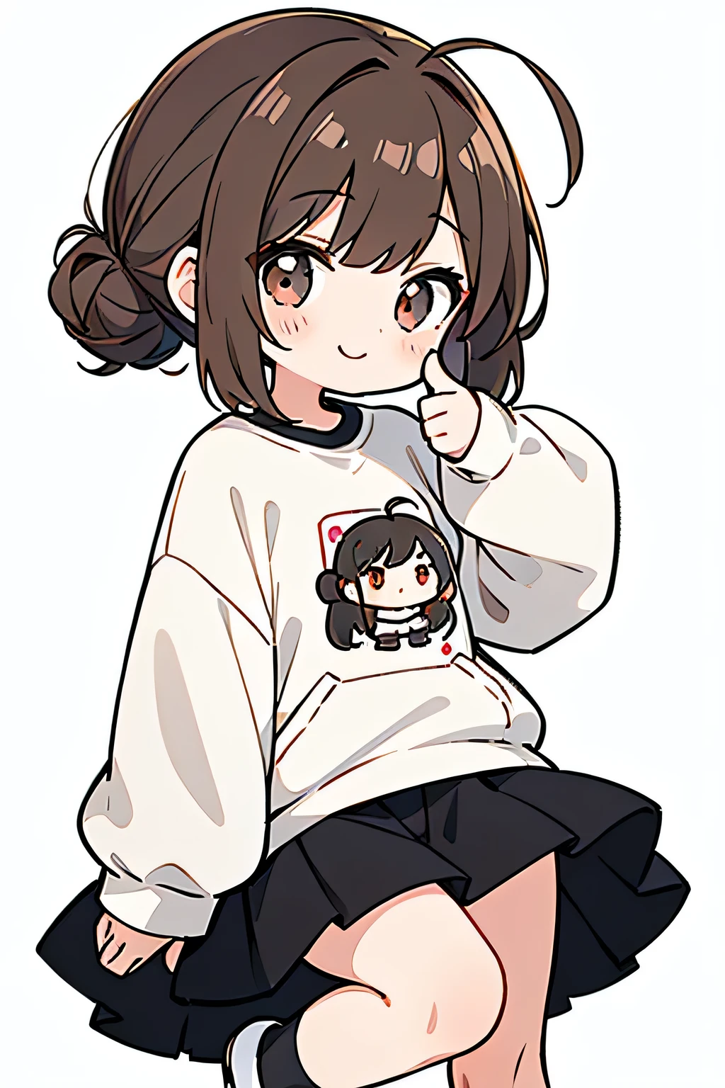 masterpiece, best quality, detailed, ((( 1 girl ))), ( light brown hair ) , ( single chignon hairstyle:1.3 ), ( the bangs are even:1.3 ), ahoge , small breasts , ( oversized white sweatshirts on tight black inner:1.3 ) , short length black skirts , big gray sneaker , white ankle socks , slender style, ( facing the front ), ( cheerful smile ), ((( chibi character ))), upper body , ( from front:1.3 ) , deep red big eye , ( simple white background:1.3 ) , thumbs up