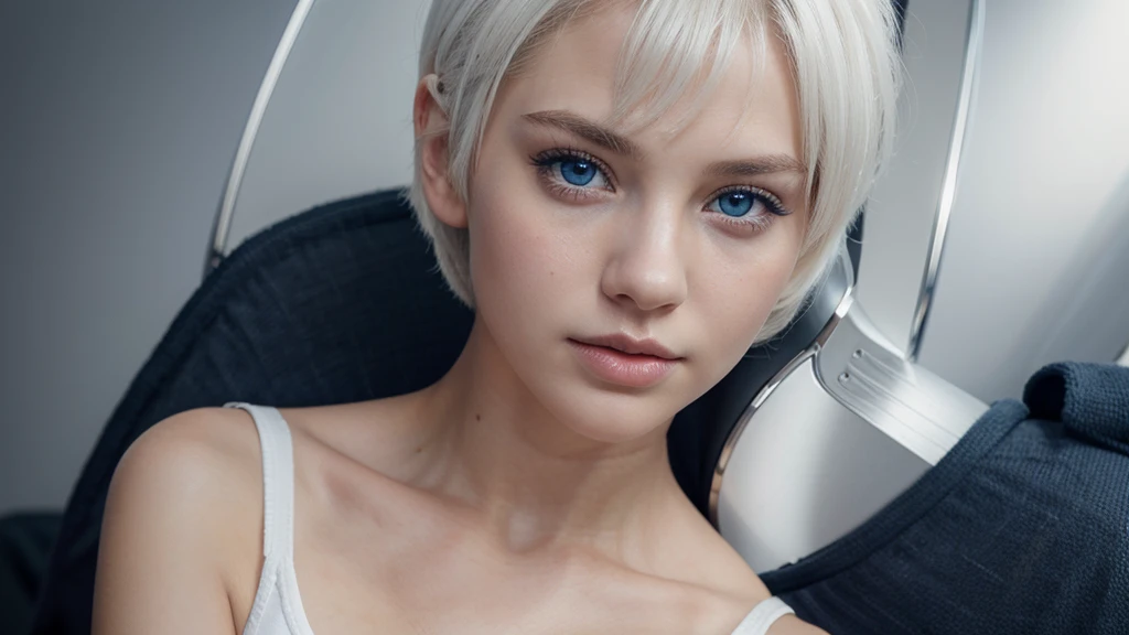 Young girl, white short hair, blue eyes, full lips, highly realistic, Excellent rendering, 4k realistic eyes, realistic face, symmetrical head
