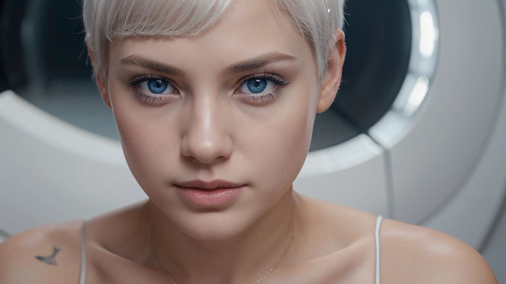 Young girl, white short hair, blue eyes, full lips, highly realistic, Excellent rendering, 4k realistic eyes, realistic face, symmetrical head