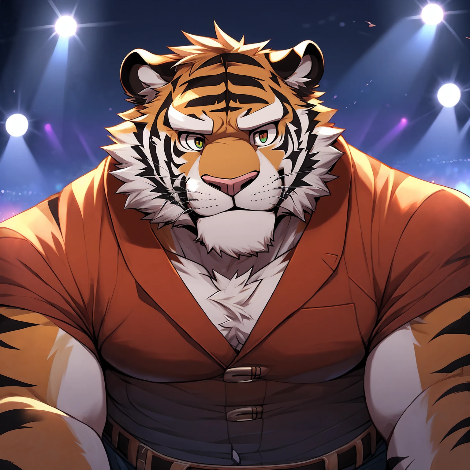 (1 mature male furry), masterpiece, best quality, Super beautiful illustrations, Male tiger furry, Strong masculine face, whole body，Looking at the audience, 1 Boy, belt, close up, Looking at the audience, 4K, high resolution, 