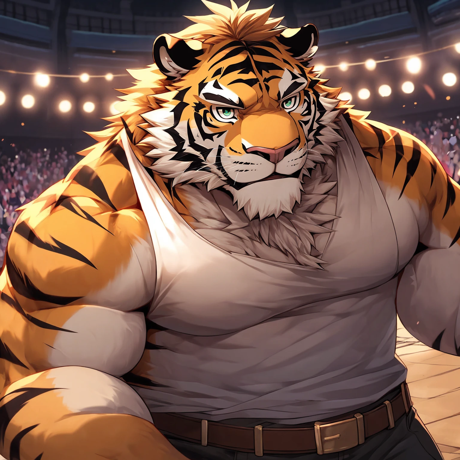 masterpiece, best quality, 8k resolution, Very detailed, hairy,tiger,Strong,Strong,Muscle lines,super muscles,Round Face,Red hair,Purple Eyes,Shirtless,blush,,Kneel down,Sweat,Sticking out tongue,shameful,For the audience,Hip bulge,Highest quality scenes,solitary,solitary,Video Studio,shot