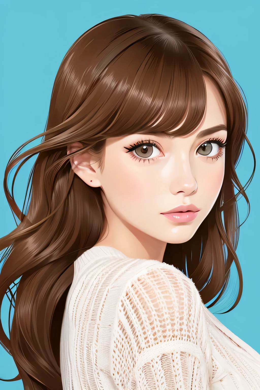 An illustration、29yo, girl, Hair color is brown, big eyey eyes are sharp、cute、beautiful woman、hair is long